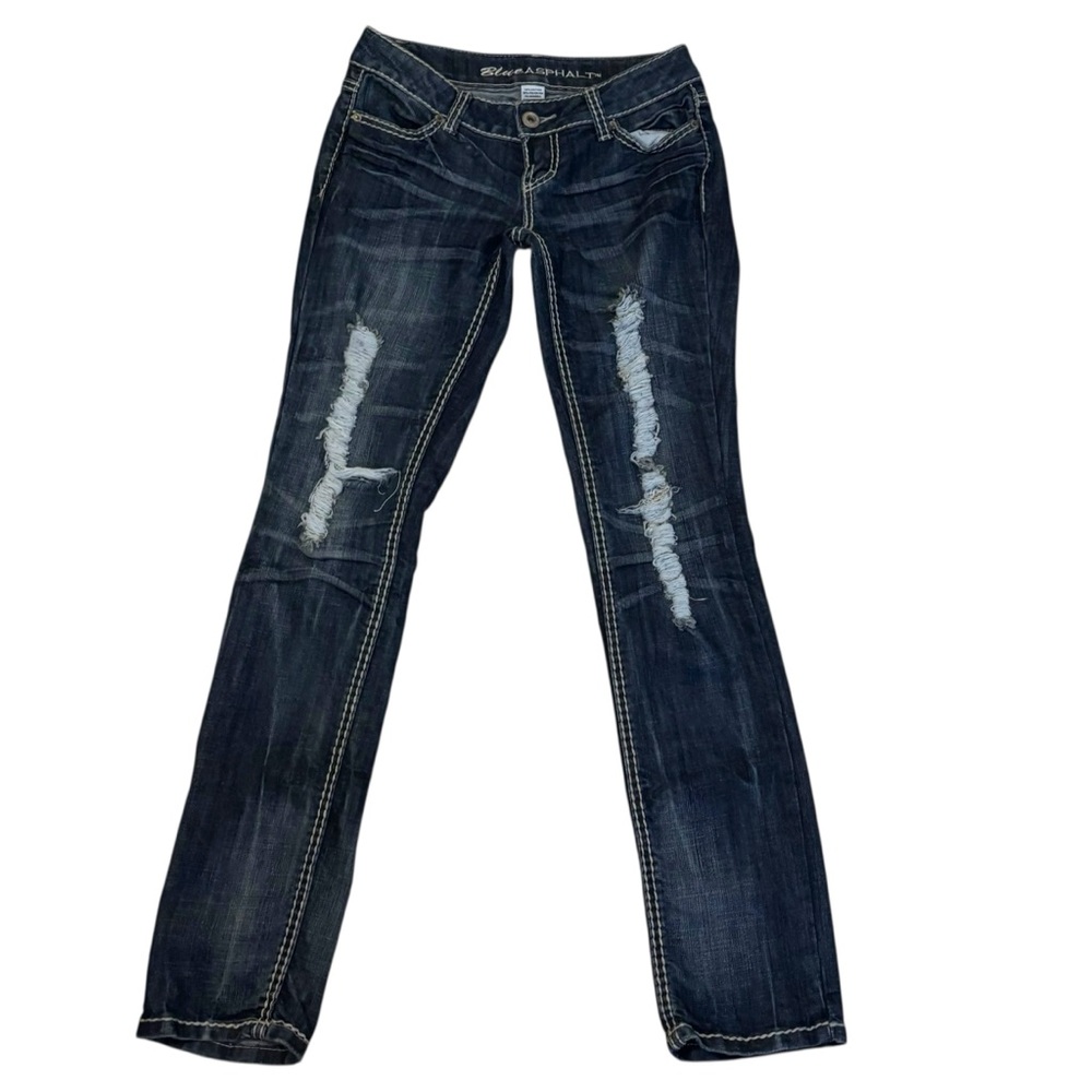 Blue Asphalt Y2K Low Rise Skinny Jeans - Dark Blue Size 3